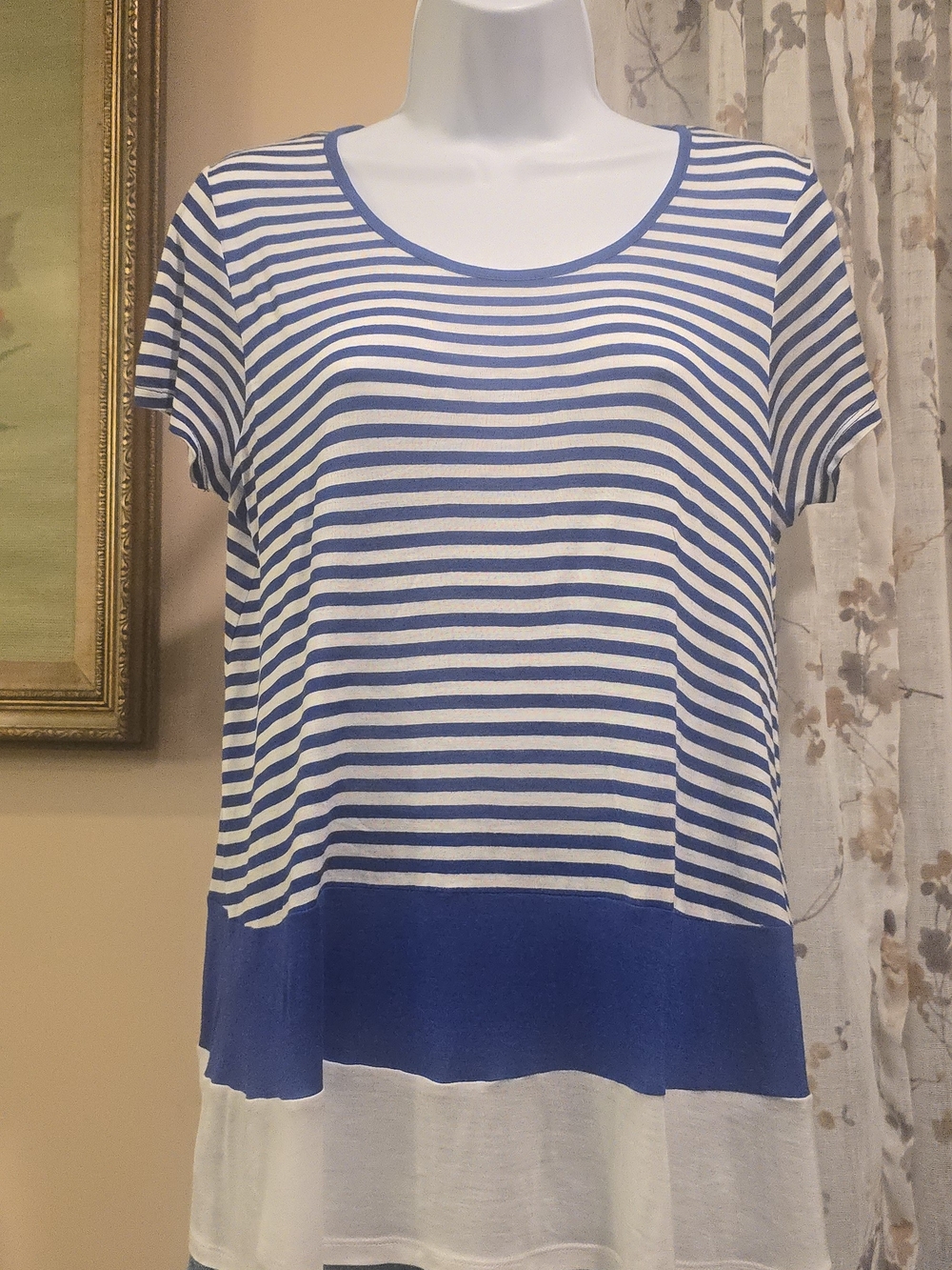 Kensie Blue and White Striped Short Sleeve Blouse